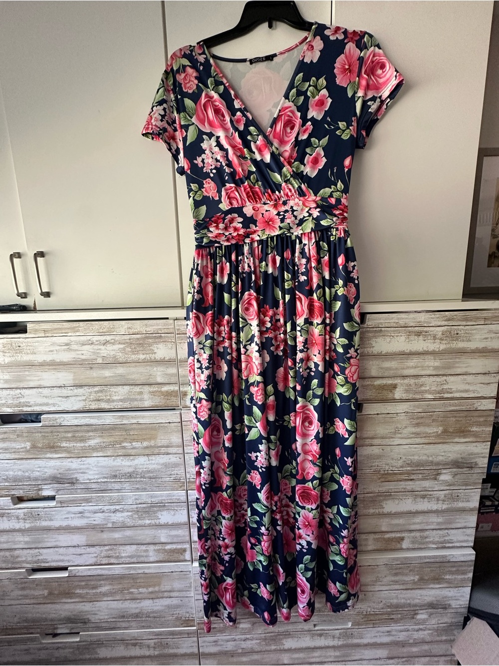 🌸 OUGES Navy Pink Floral Faux Wrap Maxi Dress Size Large